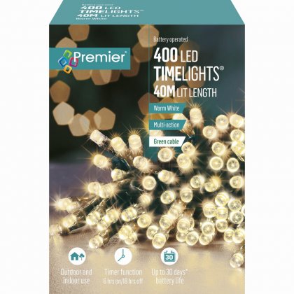 Premier Decorations Timelights Battery Operated Multi-Action 400 LED with Green Cable - Warm White
