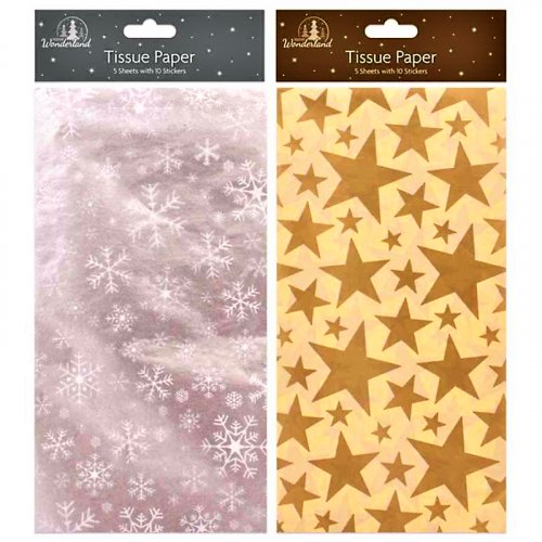 Festive Wonderland Printed Tissue Paper & Stickers (5 Sheets + 10 Stickers) - Assorted