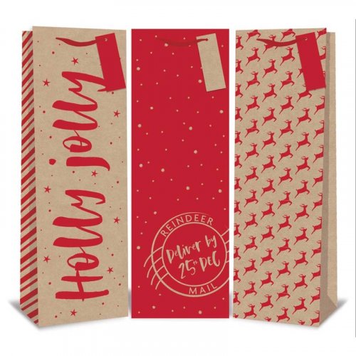 Festive Wonderland Red Kraft Bottle Gift Bag - Assorted