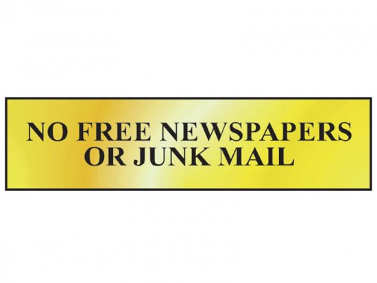 Scan Polished Brass Effect Sign 200 x 50mm - No Free Newspapers Or Junk Mail