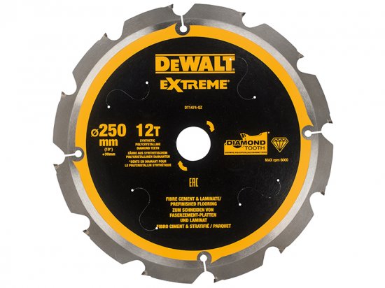 DeWalt Extreme PCD Fibre Cement Saw Blade 250 x 30mm x 12T