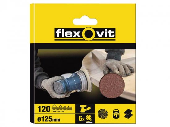 Flexovit Hook & Loop Sanding Disc 125mm Fine 120G 8 Holes (Pack 6)